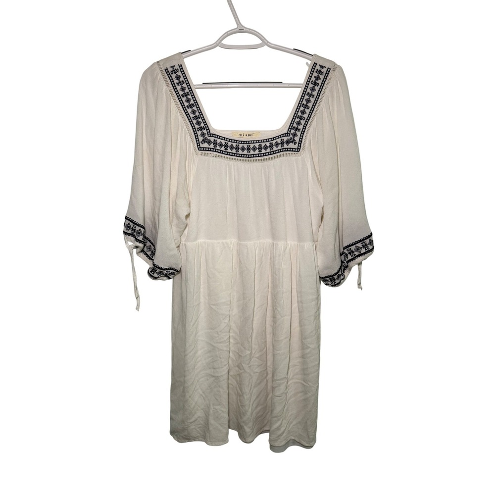 Miami‎ Embroidered Square Neck Tiered Peasant Mini Dress Ivory Womens Large Boho